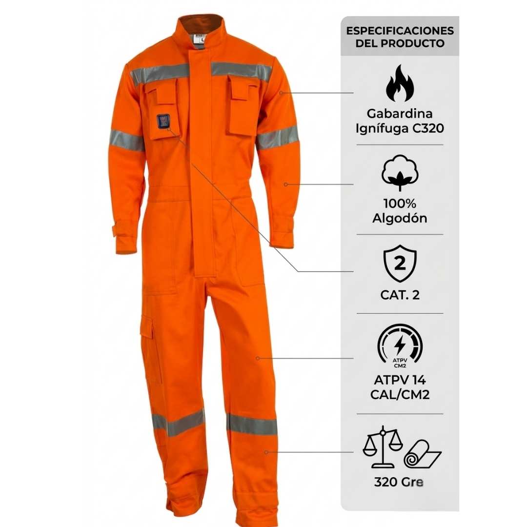 Buzo Ignífugo 100% Algodón con Cinta Reflectante 3M - Protección CAT 2 (14 CAL/CM²)